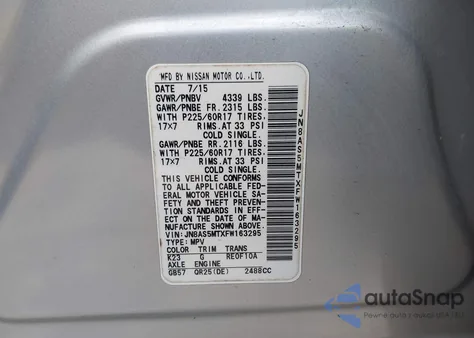 2015 Nissan Rogue Select S z USA, uszkodzony, nr VIN JN8AS5MTXFW163295